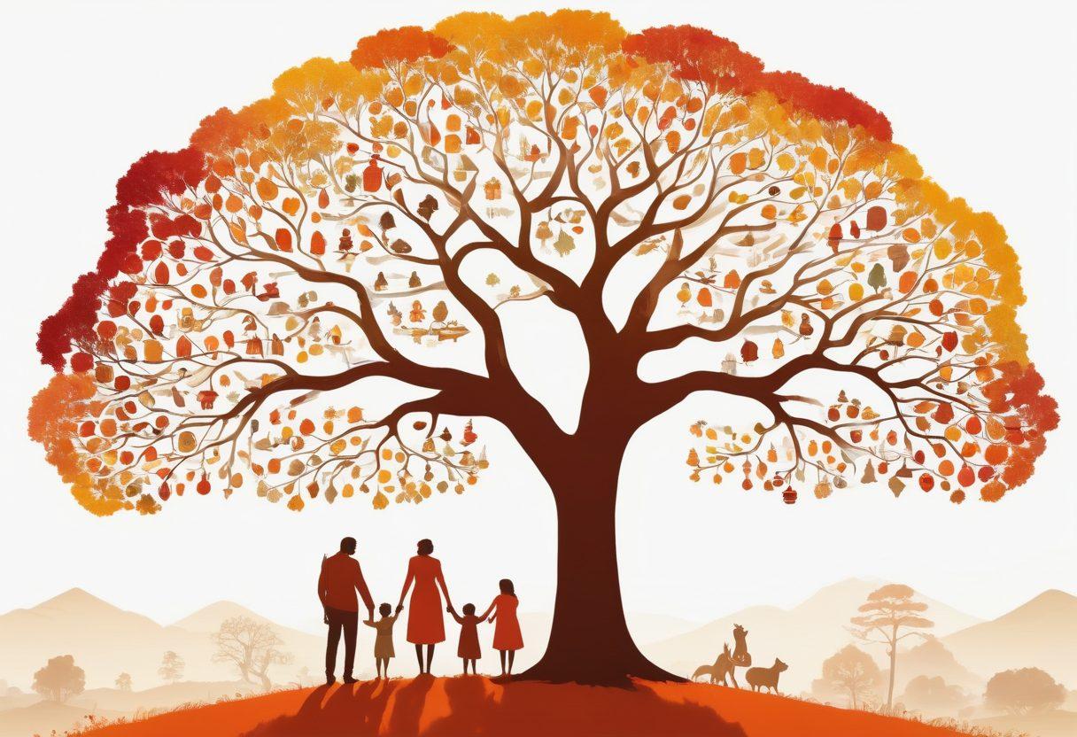 A heartwarming scene depicting diverse family trees intertwining against a backdrop of vibrant landscapes, symbolizing connections and heritage. Include silhouettes of people engaging in various historical activities, such as storytelling and sharing photographs. Incorporate warm, inviting color palettes to evoke a sense of nostalgia and unity. super-realistic. vibrant colors. white background.