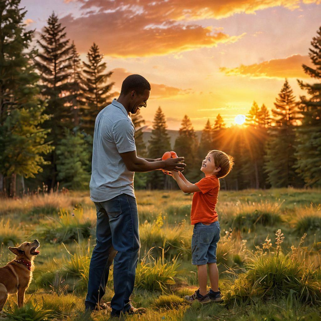 A heartwarming scene depicting a father and child sharing a tender moment, surrounded by nature, playing catch with a soft sunset in the background. The father is laughing while the child beams with joy, capturing the essence of bonding and connection. Include playful animals nearby, symbolizing companionship and love. Use vibrant colors and soft, warm lighting. super-realistic. vibrant colors. natural setting.