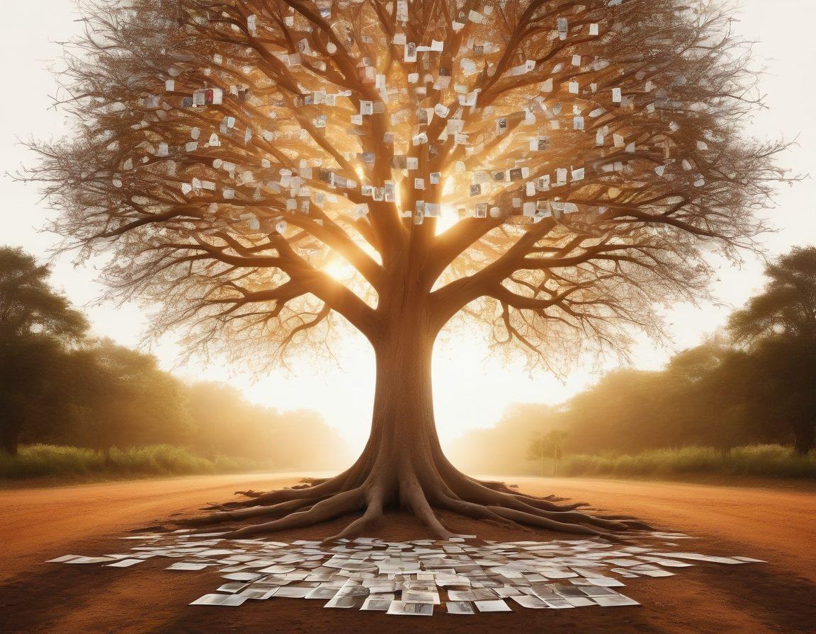 A poignant scene illustrating a person standing at the crossroad of a family tree, with branches extending into photographs and memories of their father. Surrounding elements include scattered letters and mementos that symbolize the journey of reconnecting and discovering familial ties. A soft glow emanates from the tree, suggesting warmth and introspection. super-realistic. warm hues. white background.